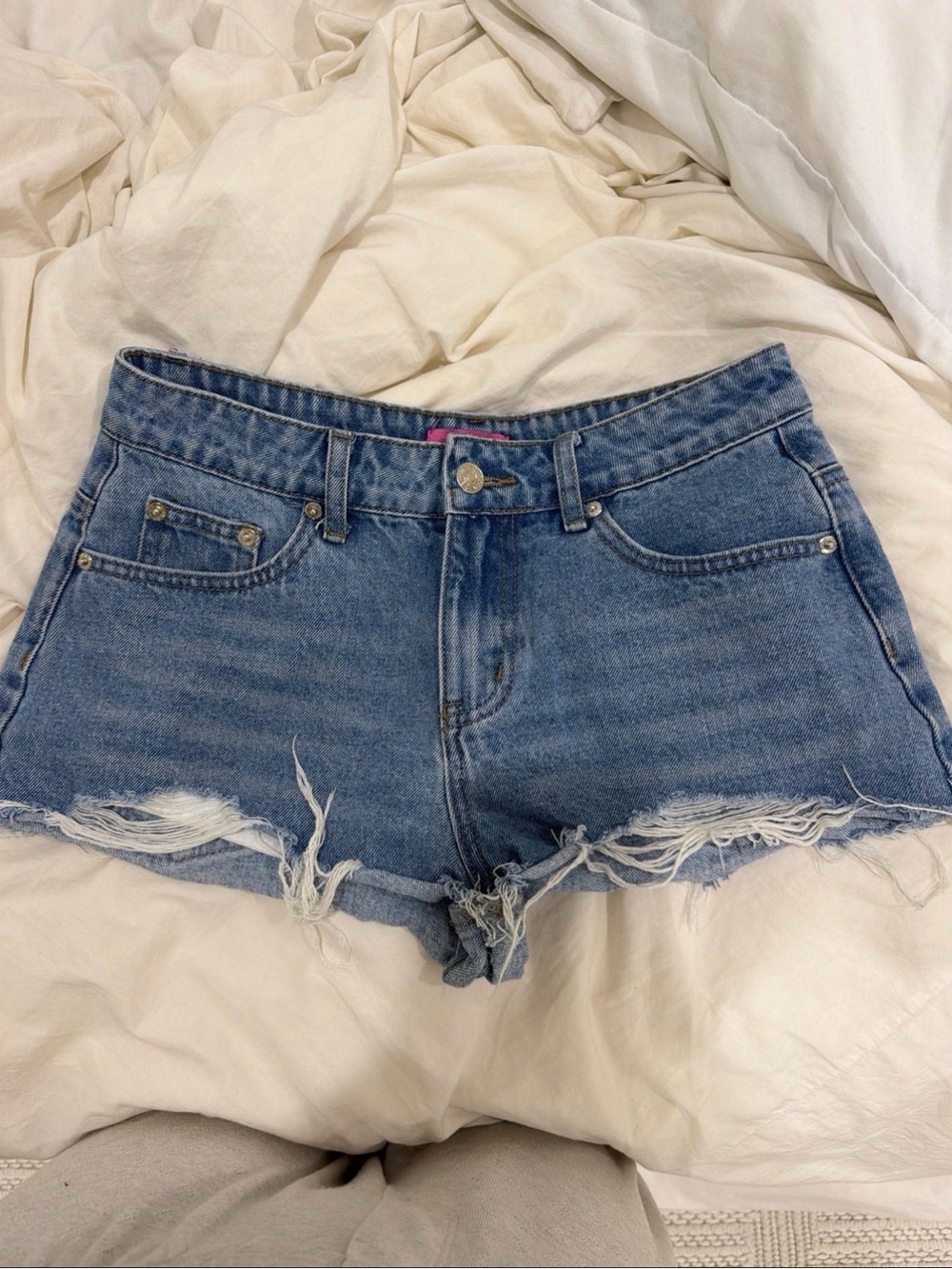 Edikted Distressed Medium Blue High-Rise Denim Cutoff Shorts